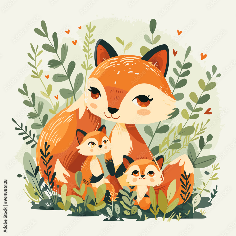 A drawing of a mother fox and her two cubs. The mother fox is surrounded by green leaves and has a heart on her head. The cubs are sitting on the ground, looking up at their mother A drawing of a mother fox and her two cubs. The mother fox is surrounded by green leaves and has a heart on her head. The cubs are sitting on the ground, looking up at their mother