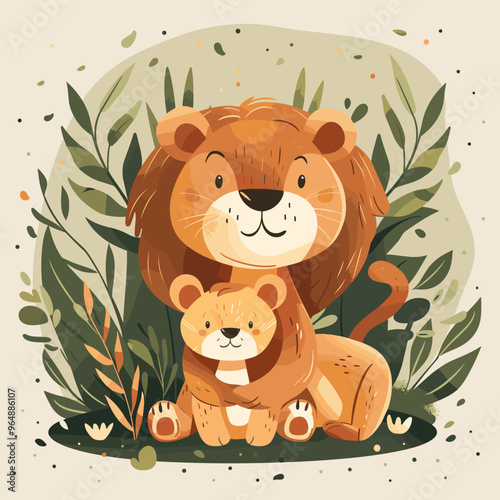 A lion and a cub are sitting together