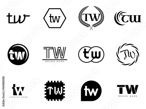 TW logo company template. Letter t and w logotype. Set different classic serif lettering and modern bold text with design elements. Initial font typography.