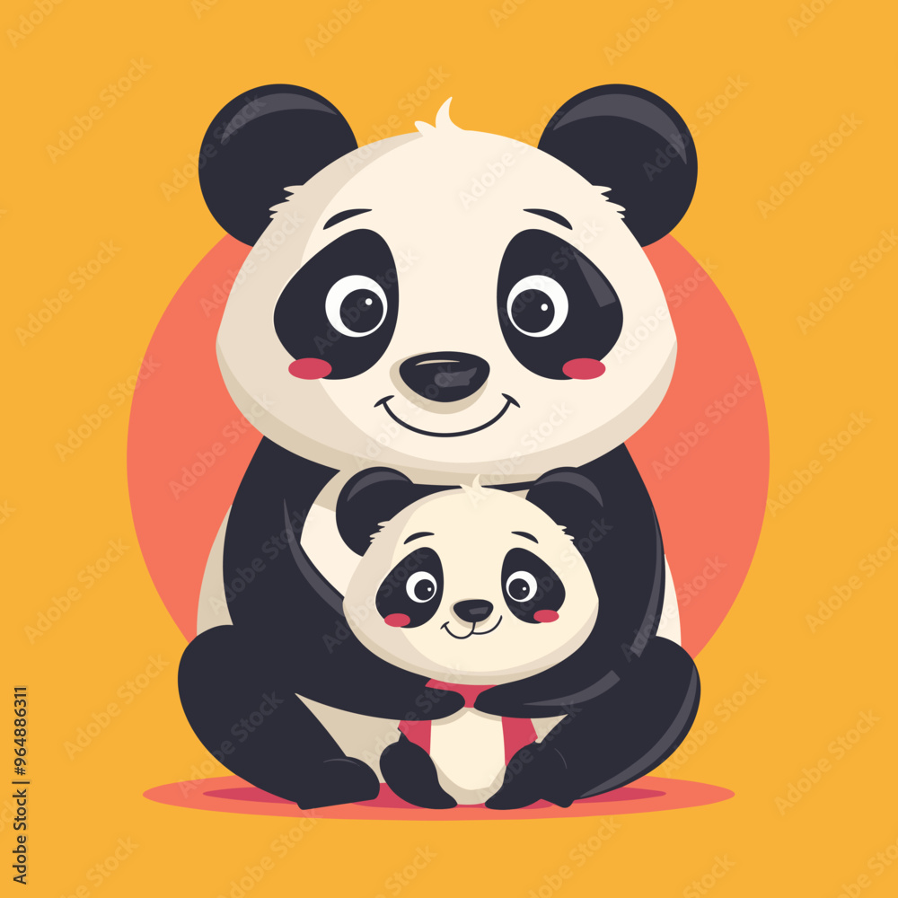 Naklejka premium A cute cartoon panda bear is holding its baby panda bear. Concept of warmth and love between the parent and child