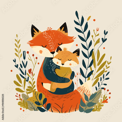 A mother fox is holding her baby fox in her arms. Concept of warmth and love between the mother and her child