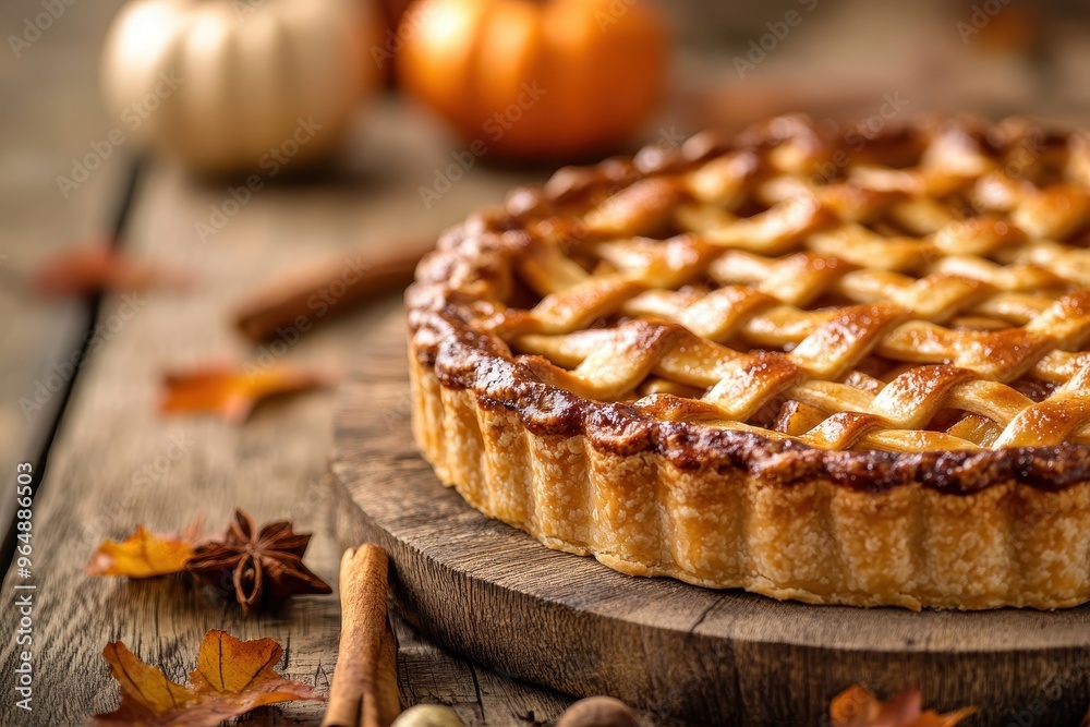 a freshly baked apple pie, golden and flaky, with a lattice crust, served on a rustic wooden table. The pie is surrounded by seasonal decorations like small pumpkins, cinnamon sticks, and autumn leave a freshly baked apple pie, golden and flaky, with a lattice crust, served on a rustic wooden table. The pie is surrounded by seasonal decorations like small pumpkins, cinnamon sticks, and autumn leave