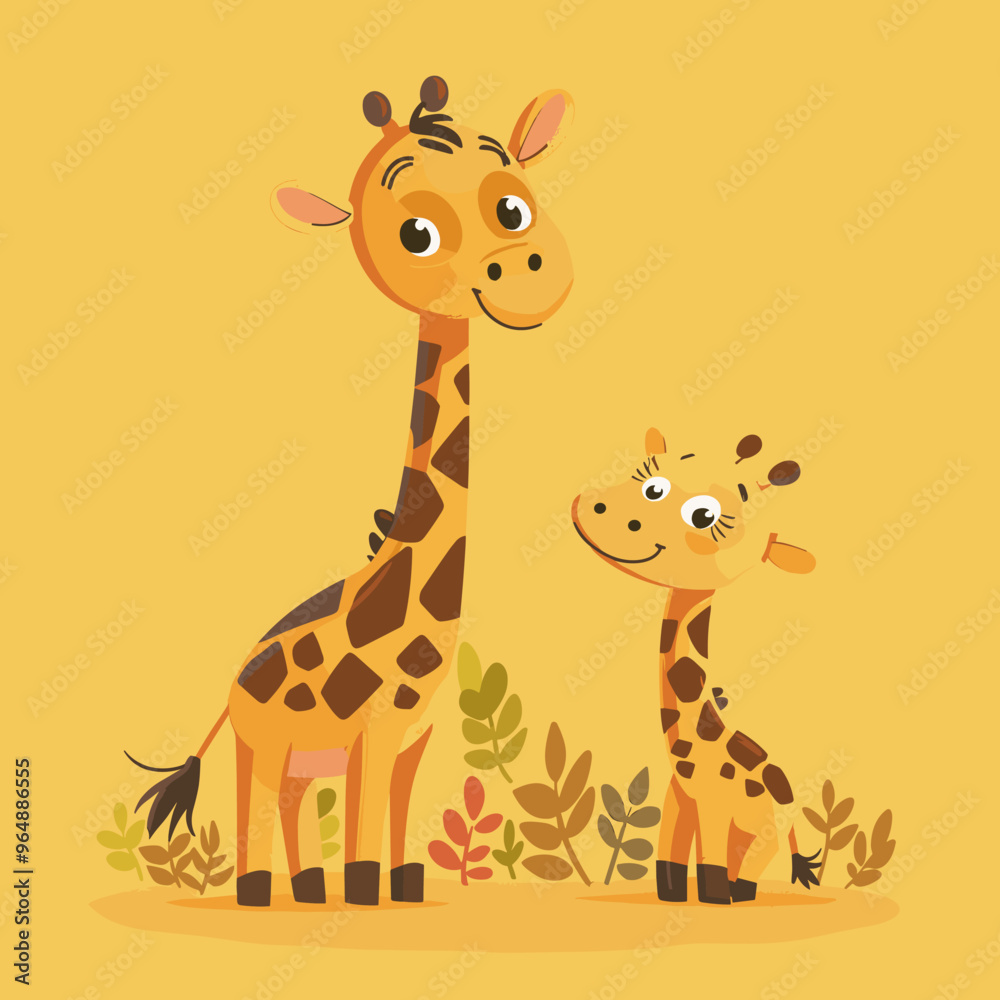 Fototapeta premium A mother giraffe and her baby giraffe. The scene is warm and loving, with the mother giraffe providing comfort and protection for her young