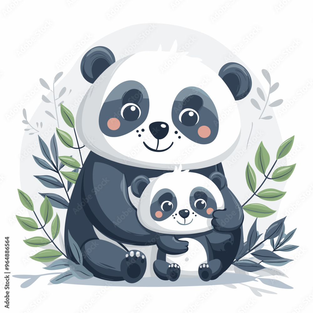 Obraz premium A cartoon drawing of a mother and baby panda bear. The mother bear is holding her baby bear and they are both smiling