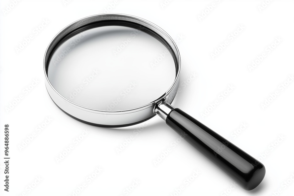 A close-up image of a magnifying glass featuring a circular glass lens and a sleek black handle. A close-up image of a magnifying glass featuring a circular glass lens and a sleek black handle.
