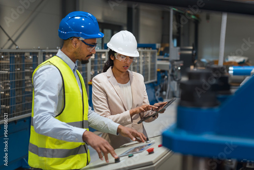 Female Indian factory supervisor is on-the-job training an African American male employee, in a blue helmet and yellow vest, to operate machinery.