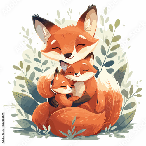A mother fox is holding her two cubs. The cubs are sleeping and the mother is looking at them lovingly