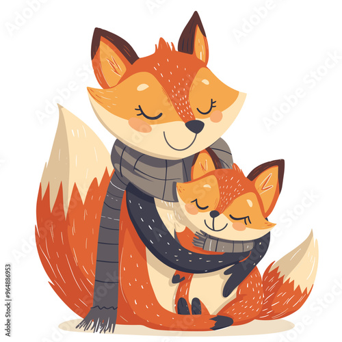 A mother fox is holding her baby fox in her arms. Concept of warmth and love between the mother and her child