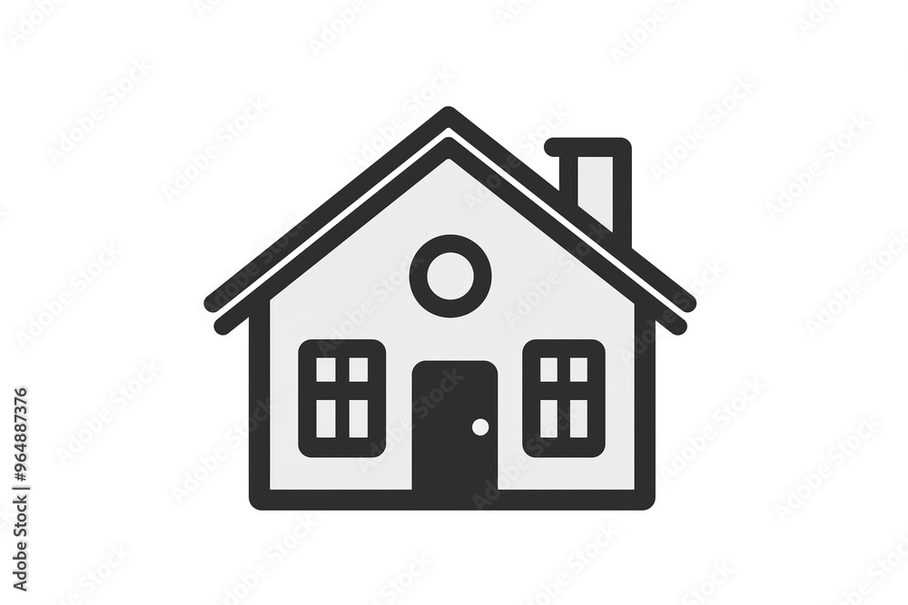 Simple black-and-white line art of a two-story residential house with a garage, front porch, and large windows.isolated on white background. Simple black-and-white line art of a two-story residential house with a garage, front porch, and large windows.isolated on white background.