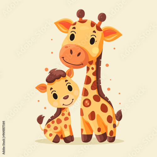 A giraffe and a baby giraffe are sitting together