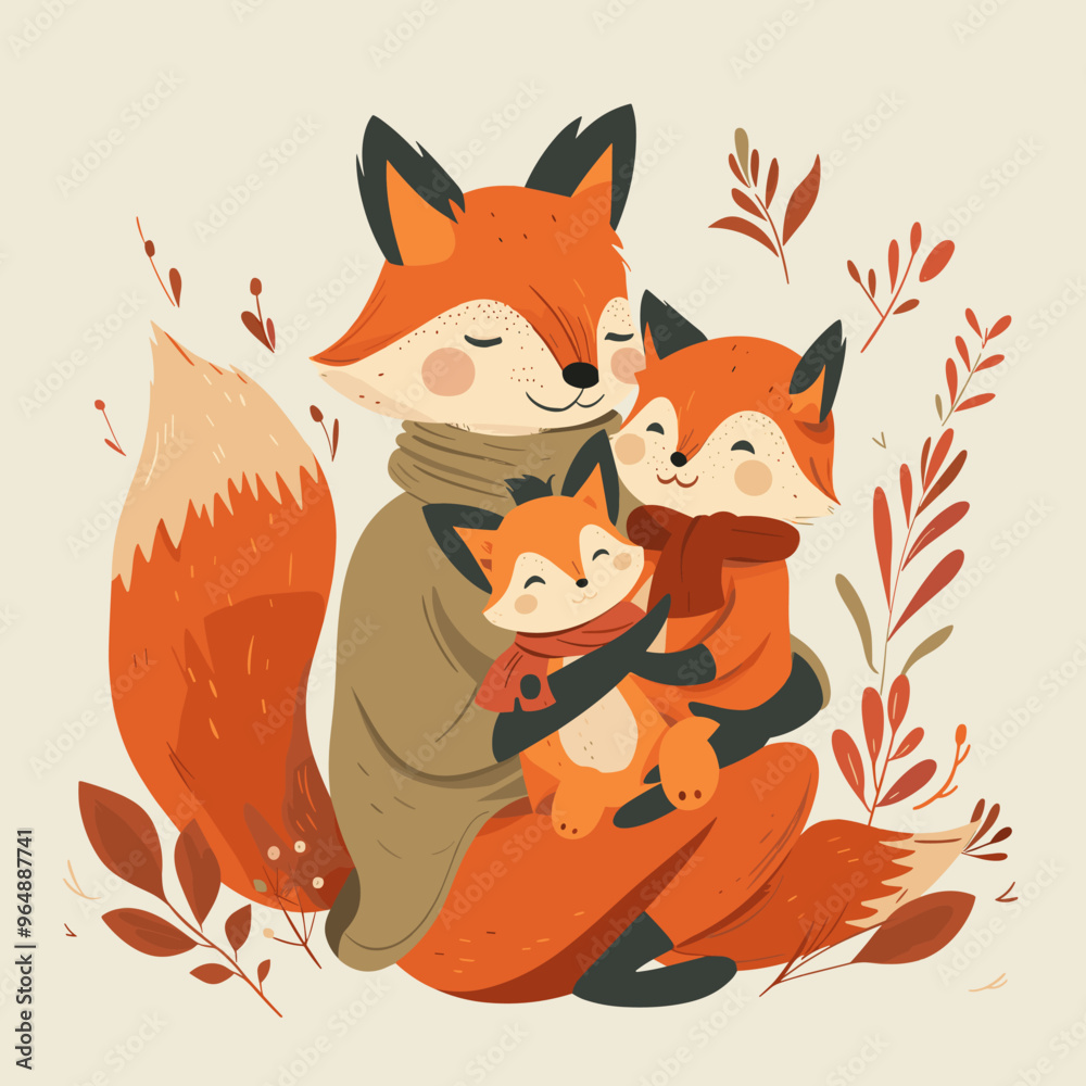 A mother fox is holding her two cubs. The cubs are sleeping and the mother is looking at them lovingly A mother fox is holding her two cubs. The cubs are sleeping and the mother is looking at them lovingly