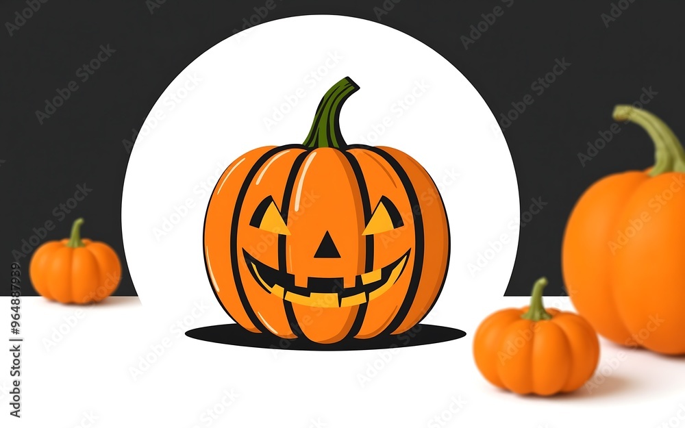 A cheerful jack-o'-lantern with a wide grin, surrounded by smaller pumpkins, perfect for Halloween celebrations and autumnal designs.
A cheerful jack-o'-lantern with a wide grin, surrounded by smaller pumpkins, perfect for Halloween celebrations and autumnal designs.