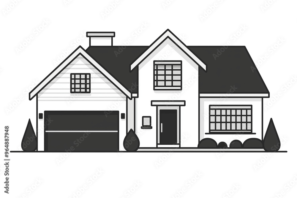 Simple black-and-white line art of a two-story residential house with a garage, front porch, and large windows.isolated on white background.
Simple black-and-white line art of a two-story residential house with a garage, front porch, and large windows.isolated on white background.