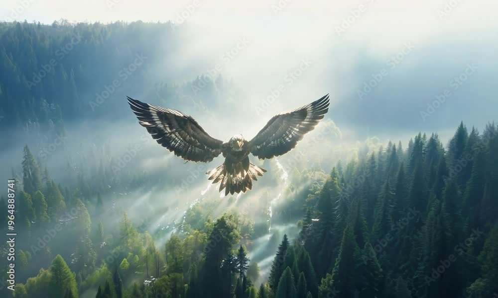 A majestic eagle soaring through the sky, its wings outstretched as it surveys the landscape below. Video