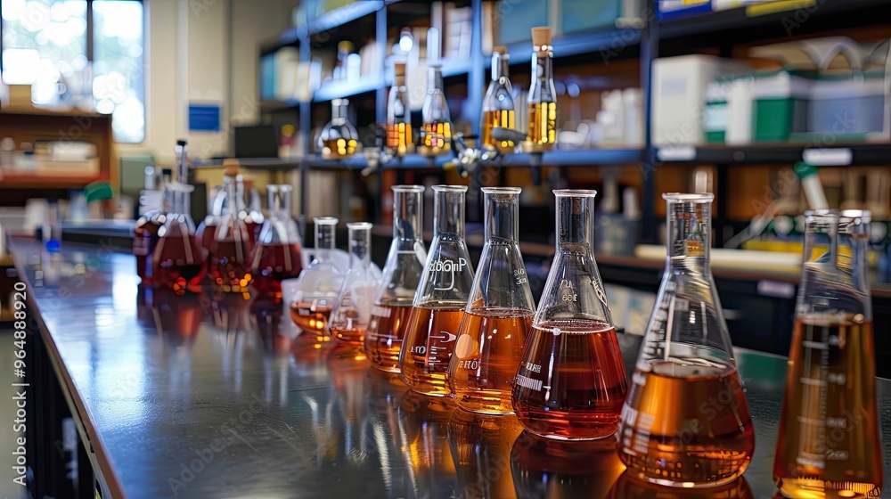 A science lab with beakers and test tubes neatly arranged on a counter. A science lab with beakers and test tubes neatly arranged on a counter.