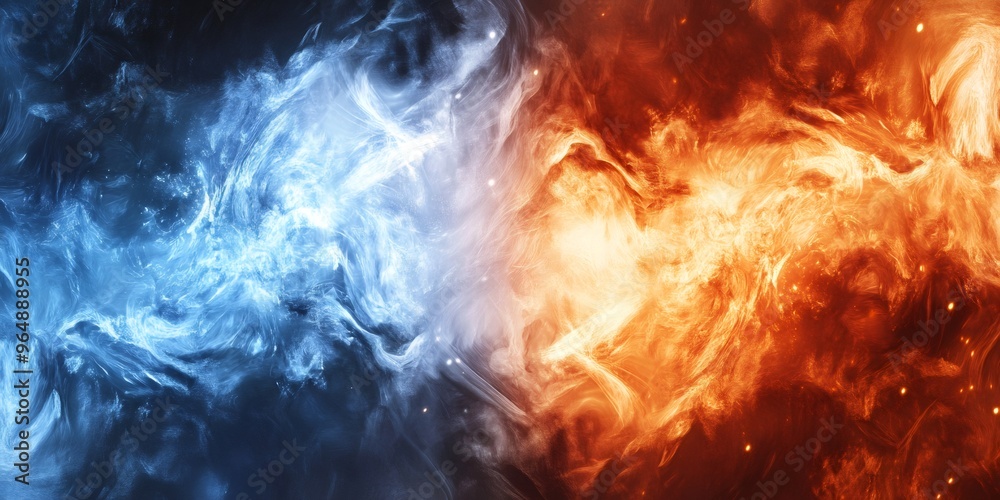 Abstract background with blue and orange swirls and glowing particles. Abstract background with blue and orange swirls and glowing particles.