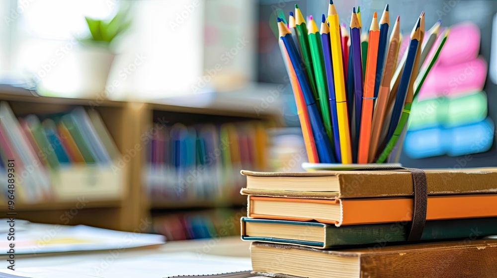 A stack of textbooks and pencils on a classroom desk. A stack of textbooks and pencils on a classroom desk.