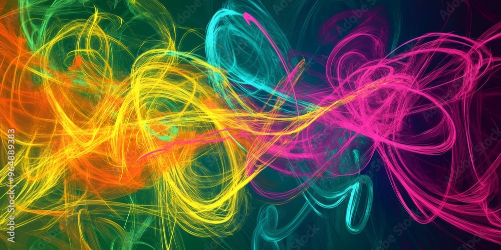 Abstract background with bright neon blue, yellow, pink, and orange lines on a dark green background. Abstract background with bright neon blue, yellow, pink, and orange lines on a dark green background.