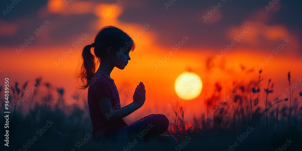 Silhouette of a Girl Praying at Sunset Silhouette of a Girl Praying at Sunset