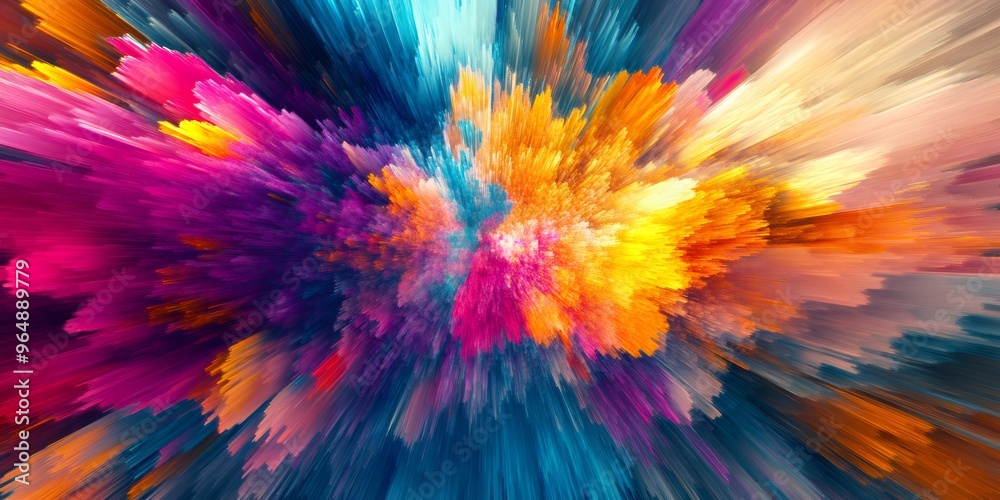 Abstract background with colorful brush strokes radiating outwards from a central point.