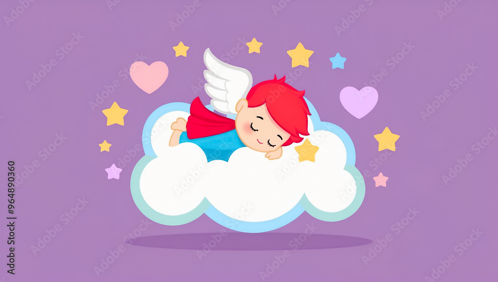 Little cartoon cupid sleeping on a cloud, flat design Little cartoon cupid sleeping on a cloud, flat design