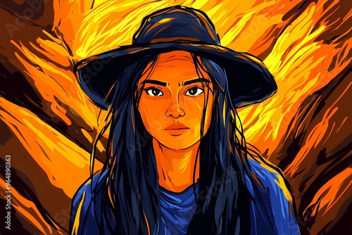 background image of a cowboy woman, western illustration style, western.  