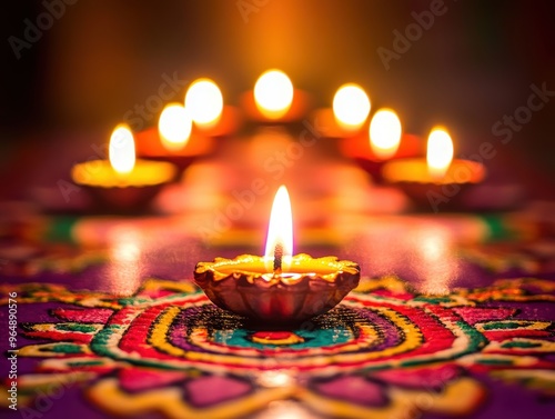 Row of Illuminated Diya Lamps on Rangoli for Diwali Celebration photo