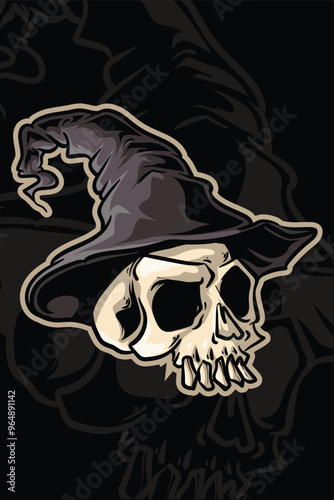 An illustration of a skull wearing a witch's hat. This dark and mystical design blends elements of Halloween and fantasy, perfect for eerie, spooky, or magical themes in creative projects.