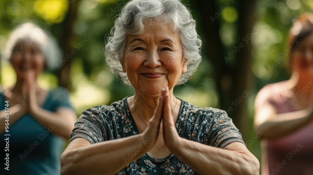 Active workout outdoors. Close up of pleasant grey haired woman in sportswear doing stretching exercises for arms at green sunny park. Active workout outdoors. Close up of pleasant grey haired woman in sportswear doing stretching exercises for arms at green sunny park.