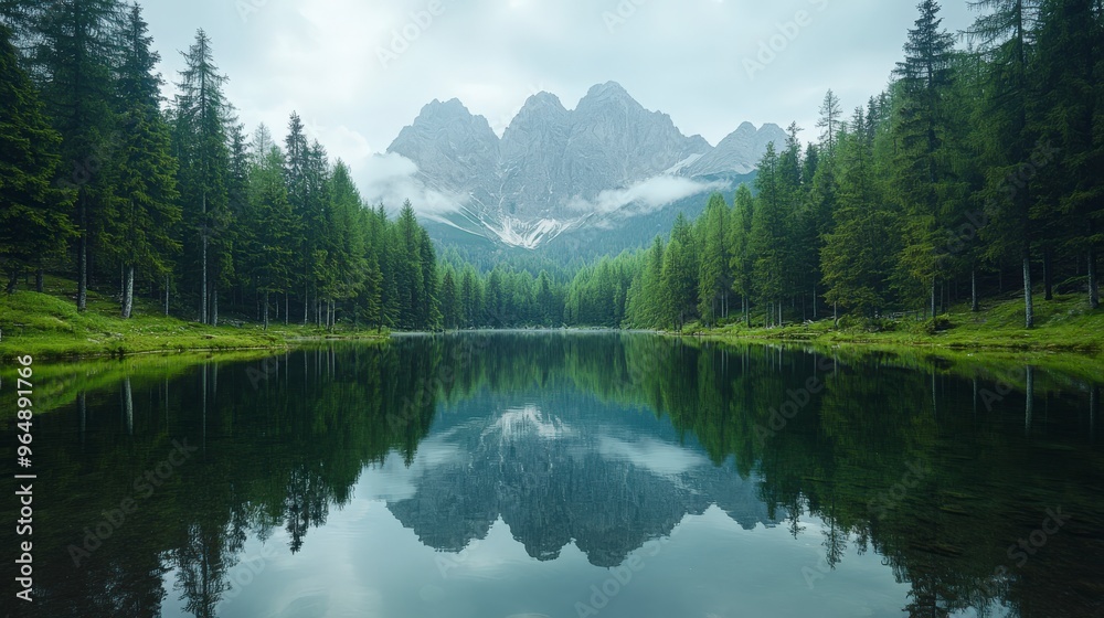 Majestic Mountain Lake with Autumn Forest and Clear Reflection Majestic Mountain Lake with Autumn Forest and Clear Reflection