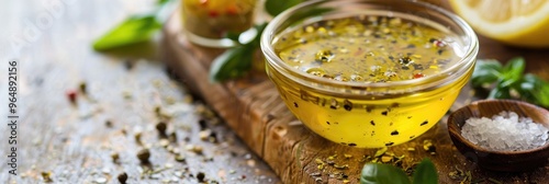 Homemade salad vinaigrette featuring olive oil, lemon juice, salt, and pepper with a focus on the dressing. photo
