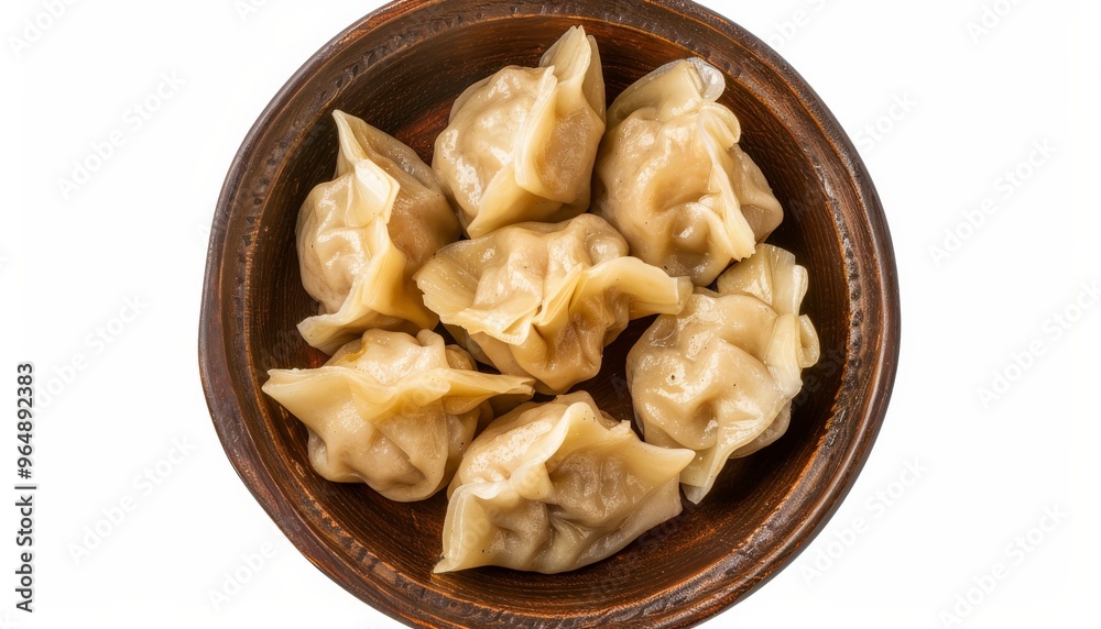 Top-down view of dim sum dumplings in a rustic brown bowl on a white background, showcasing Chinese Top-down view of dim sum dumplings in a rustic brown bowl on a white background, showcasing Chinese