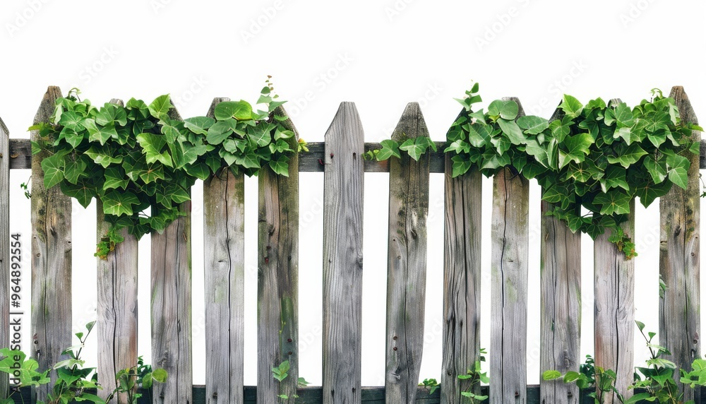 Old wooden picket fence covered in lush foliage against a clean white background, evoking natural Old wooden picket fence covered in lush foliage against a clean white background, evoking natural