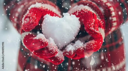 Heart shaped snowball in hands in red knitted mittens