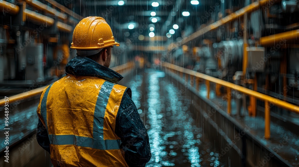 A worker in protective gear carefully inspects a large water treatment plant A worker in protective gear carefully inspects a large water treatment plant