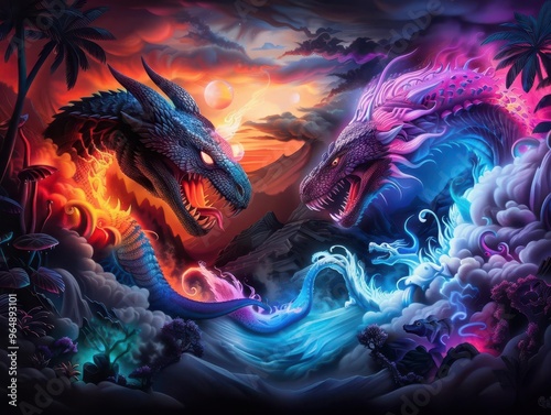 Mythical creatures in a fantasy landscape, imaginative and vibrant, Fantasy, Bright hues, Illustration, Creative scene