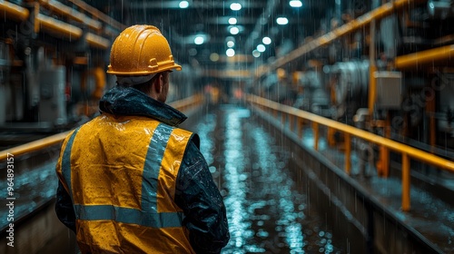 A worker in protective gear carefully inspects a large water treatment plant