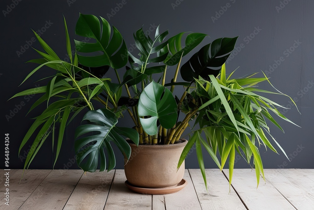Obraz premium Vibrant Tropical Plant Arrangement Featuring Jade Monstera and Bamboo Foliage