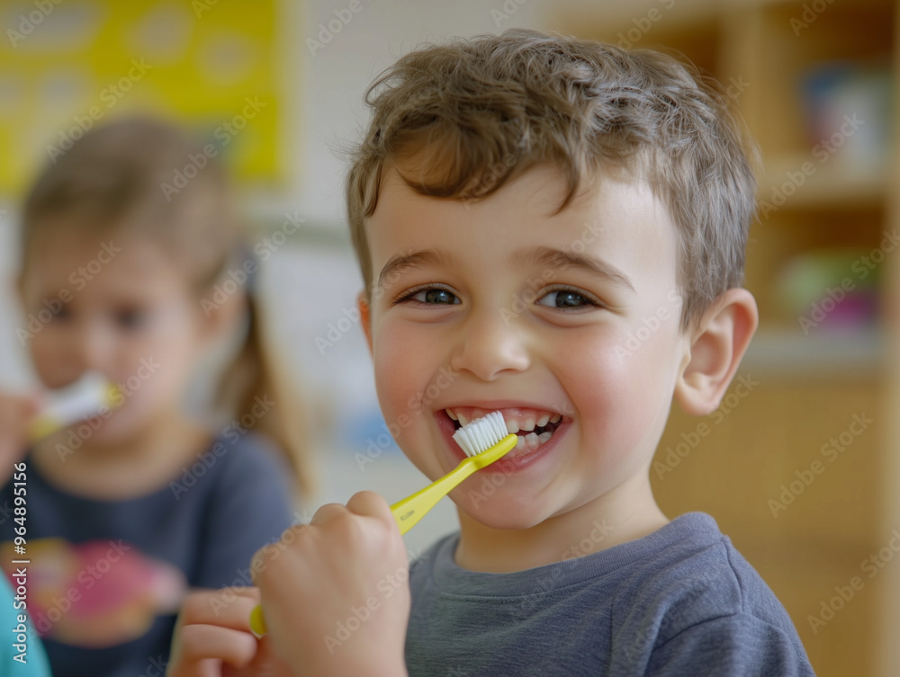 Children brush teeth in kindergarten, close up, background blurred Children brush teeth in kindergarten, close up, background blurred