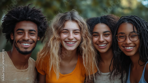 photo of group of cheerful young people of different nationalities in park, friends, students, diversity, smiling girl, boy, man, woman, friendship, teenagers, youth, hiking, walk, portrait, community