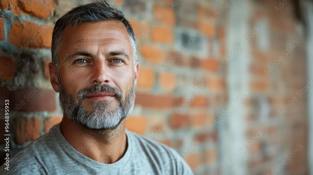 Portrait of a smiling man with a beard against a brick wall background Portrait of a smiling man with a beard against a brick wall background