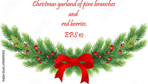 Lush festive spruce garland decorated with red berries. Natural winter decor. EPS 10 vector