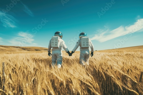 Astronauts walking hand in hand through wheat field under a clear sky.