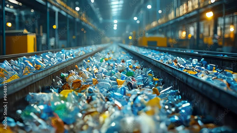A conveyor belt filled with plastic bottles being sorted at a recycling plant, bathed in blue lighting