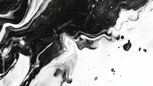 Stunning black and white liquid swirls over a modern marbled background. Stock picture.