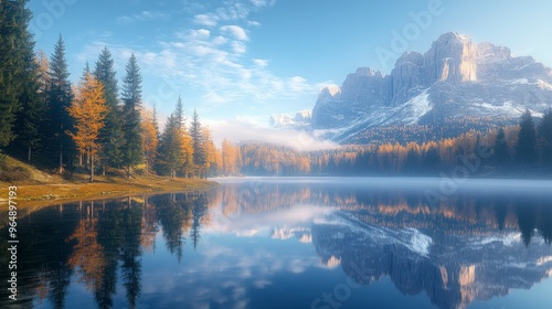 Majestic Mountain Lake with Autumn Forest and Clear Reflection