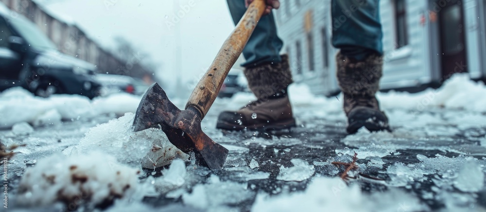 A Small Old Sharp Dangerous Iron Industrial Rusty With A Wooden Handle With A Hatchet In His Hand Breaks A Piece Of Frozen Ice On The Ground During The Day On The Street In Winter A Small Old Sharp Dangerous Iron Industrial Rusty With A Wooden Handle With A Hatchet In His Hand Breaks A Piece Of Frozen Ice On The Ground During The Day On The Street In Winter
