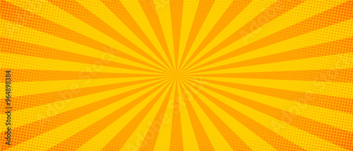 orange sun rays background with halftone. Cartoon funny retro pattern strip mock up. Vector halftone illustration. Vintage backdrop for comic superhero text, speech bubble, message.