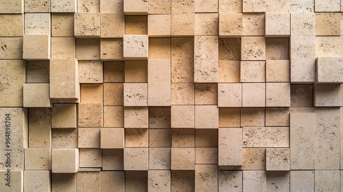 This is a texturized 3D mosaic tile arrangement in the shape of a wall. Semigloss, Square, Blocks are stacked to mimic a Natural Stone block background. photo