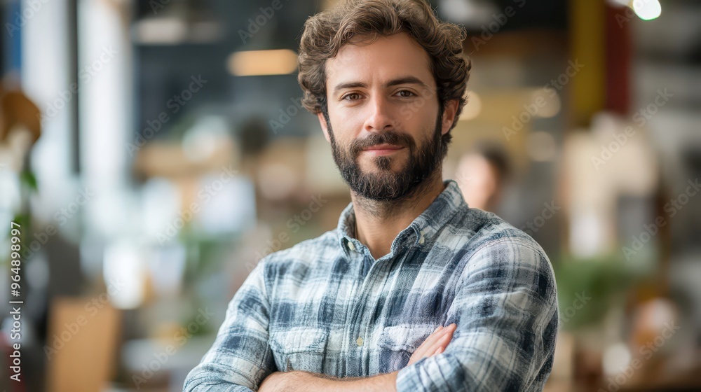 Obraz premium Man with beard in plaid shirt smiling in a cozy cafe during the day